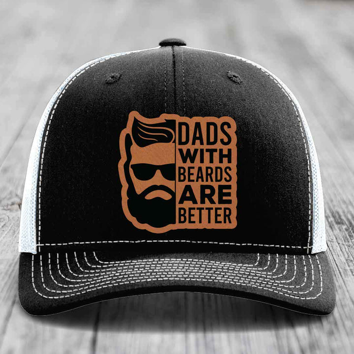 Dads With Beards Are Better - Leather Patch Hat - Rawhide to Black Patch - Richardson 112 Snapback Trucker Hat