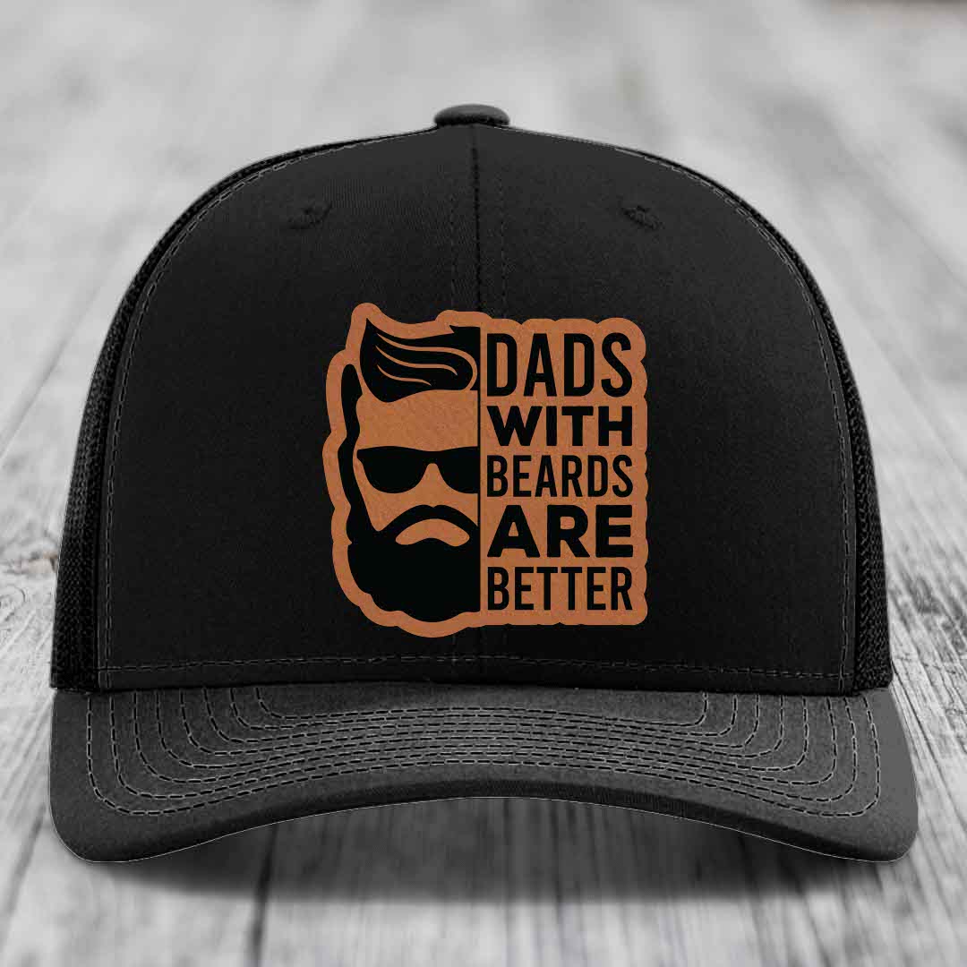 Dads With Beards Are Better - Leather Patch Hat - Rawhide to Black Patch - Richardson 112 Snapback Trucker Hat