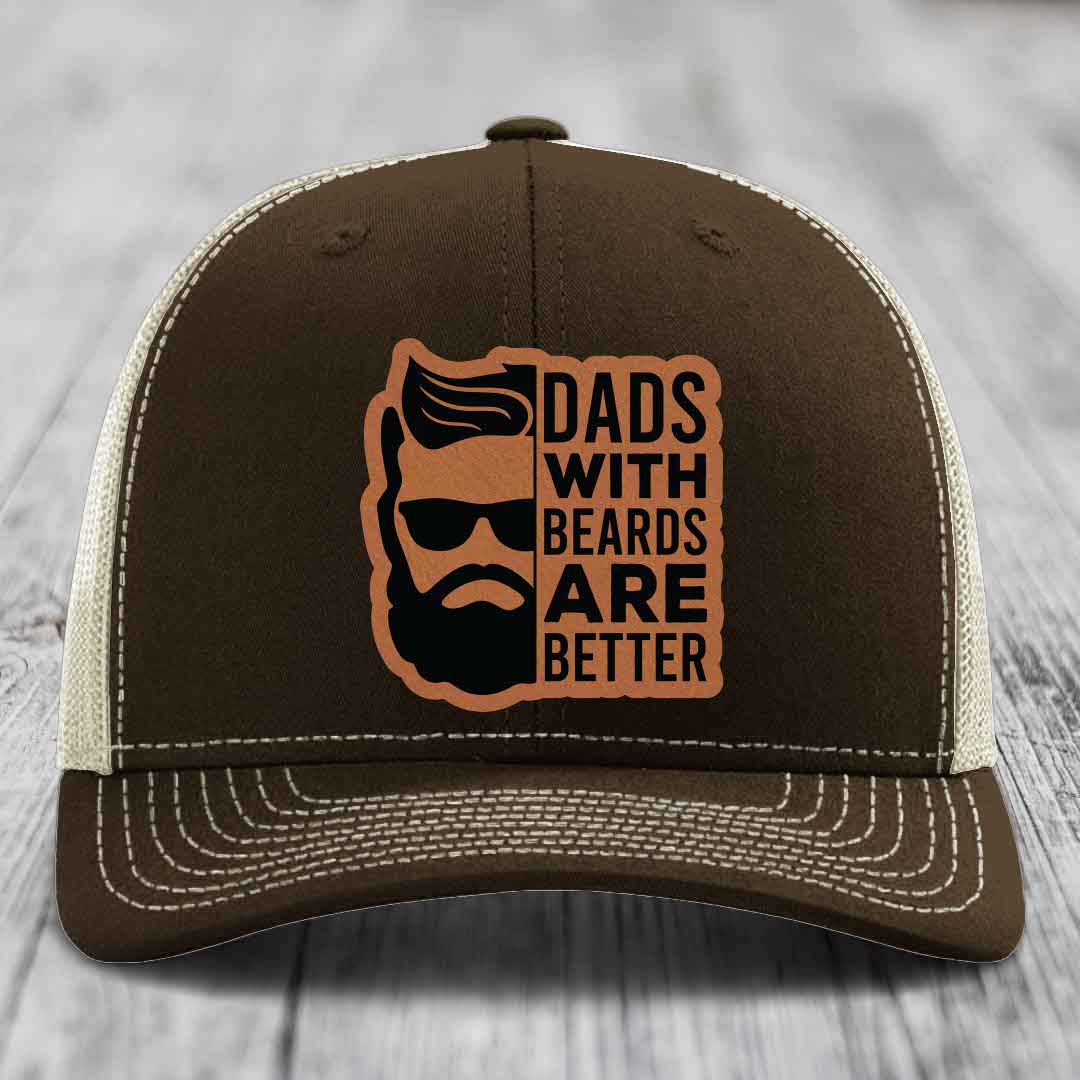 Dads With Beards Are Better - Leather Patch Hat - Rawhide to Black Patch - Richardson 112 Snapback Trucker Hat