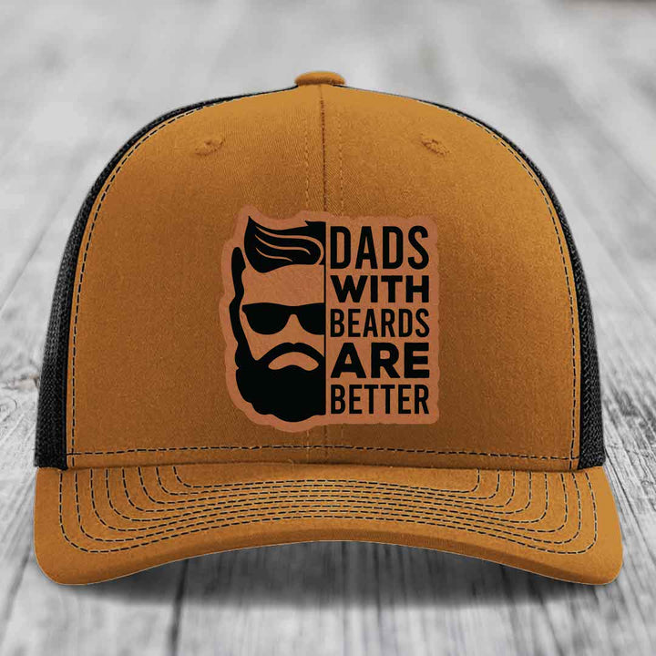 Dads With Beards Are Better - Leather Patch Hat - Rawhide to Black Patch - Richardson 112 Snapback Trucker Hat