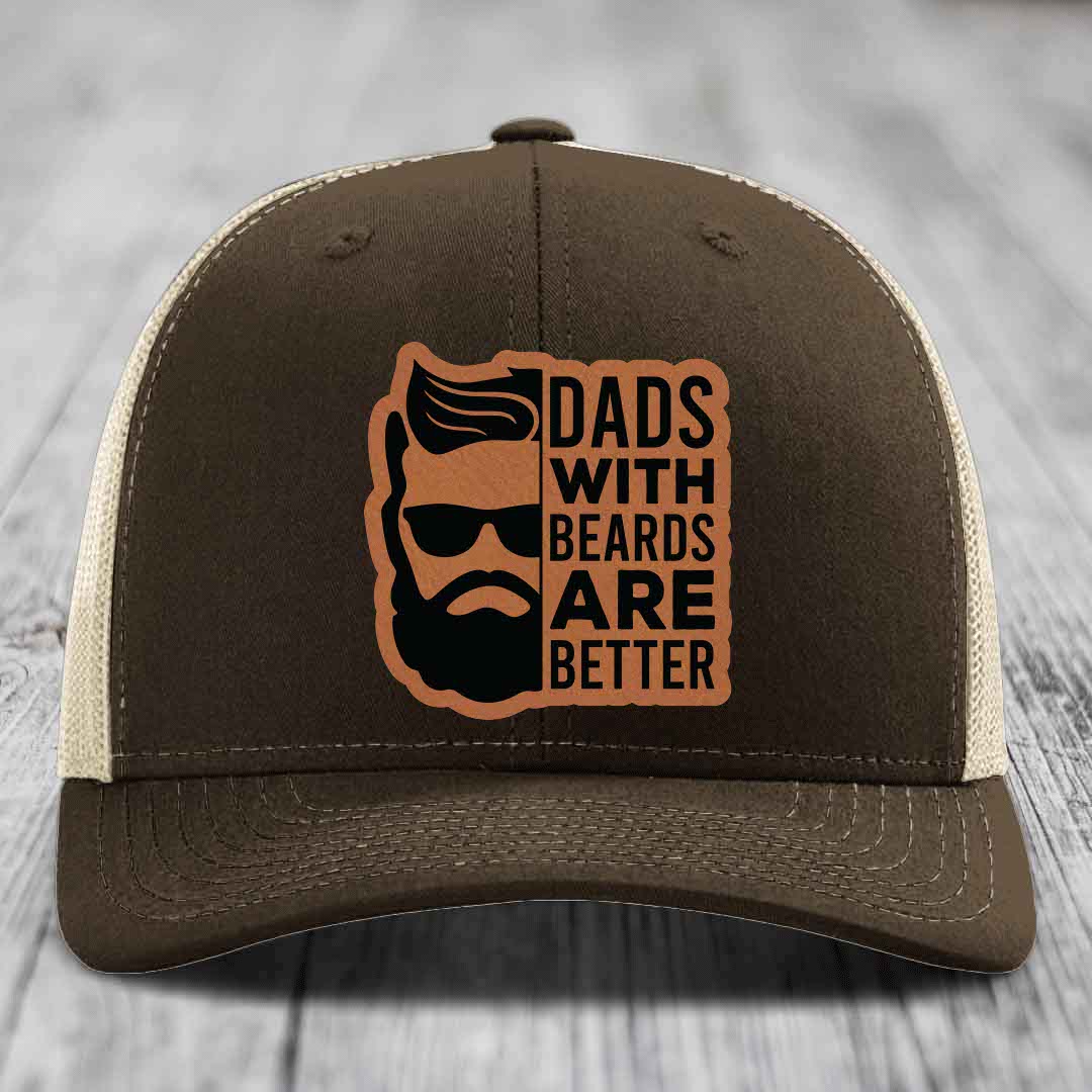 Dads With Beards Are Better - Leather Patch Hat - Rawhide to Black Patch - Richardson 112 Snapback Trucker Hat