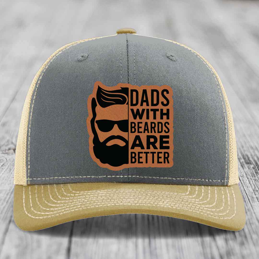Dads With Beards Are Better - Leather Patch Hat - Rawhide to Black Patch - Richardson 112 Snapback Trucker Hat