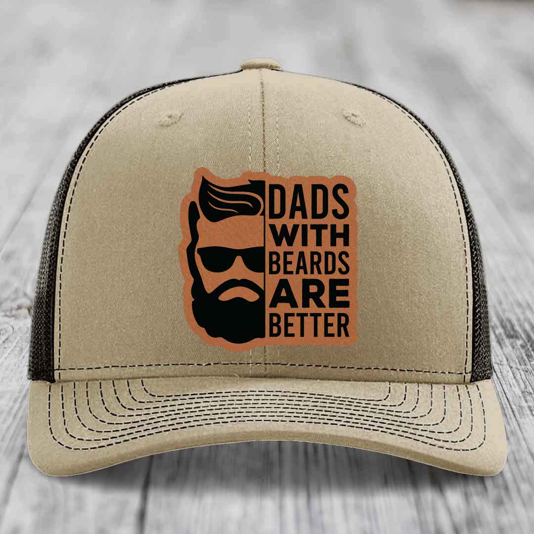 Dads With Beards Are Better - Leather Patch Hat - Rawhide to Black Patch - Richardson 112 Snapback Trucker Hat