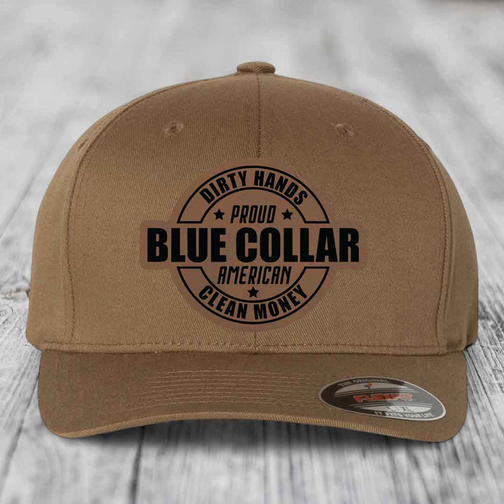 Dirty Hands Clean Money Proud American Blue Collar Worker - Leather Patch Hat - Dark Brown to Black Patch - Flexfit 6277 Fitted Hat