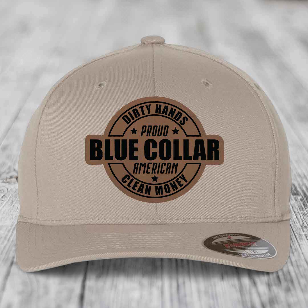 Dirty Hands Clean Money Proud American Blue Collar Worker - Leather Patch Hat - Dark Brown to Black Patch - Flexfit 6277 Fitted Hat