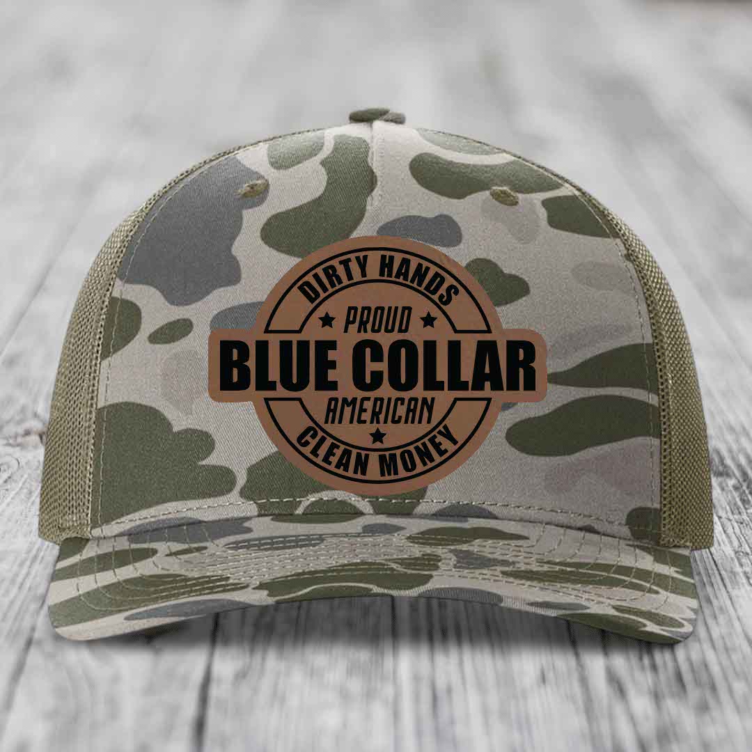 Dirty Hands Clean Money Proud American Blue Collar Worker - Leather Patch Hat - Dark Brown to Black Patch - Richardson 112PFP Snapback Trucker Hat