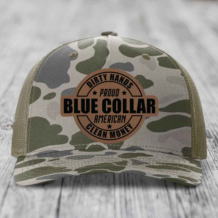 Dirty Hands Clean Money Proud American Blue Collar Worker - Leather Patch Hat - Dark Brown to Black Patch - Richardson 112PFP Snapback Trucker Hat