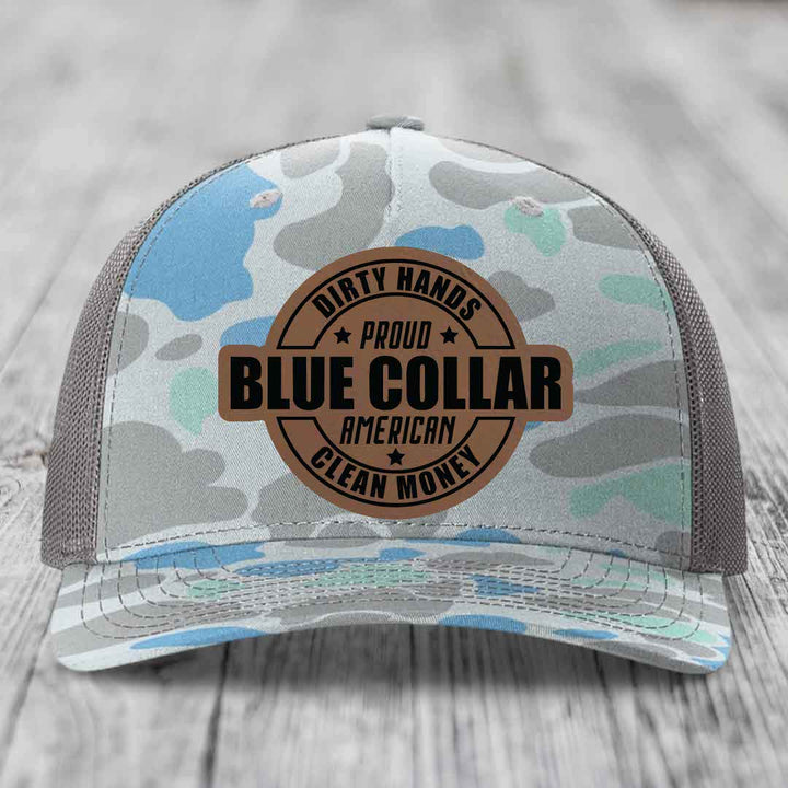 Dirty Hands Clean Money Proud American Blue Collar Worker - Leather Patch Hat - Dark Brown to Black Patch - Richardson 112PFP Snapback Trucker Hat