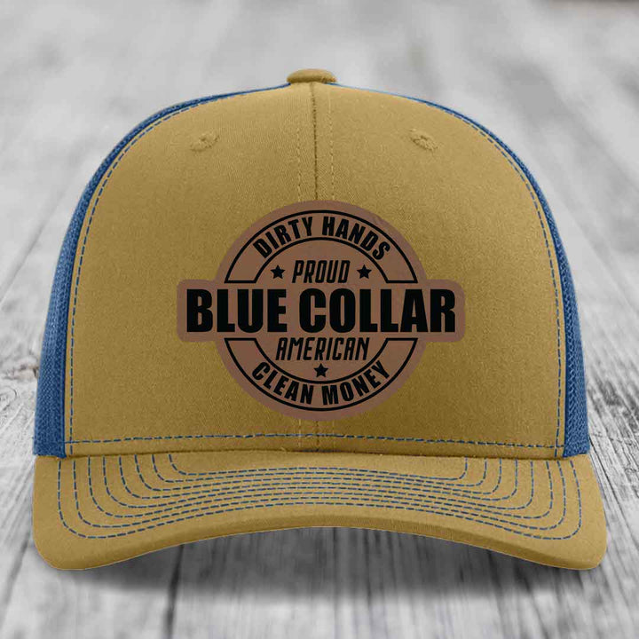 Dirty Hands Clean Money Proud American Blue Collar Worker - Leather Patch Hat - Dark Brown to Black Patch - Richardson 112 Snapback Trucker Hat