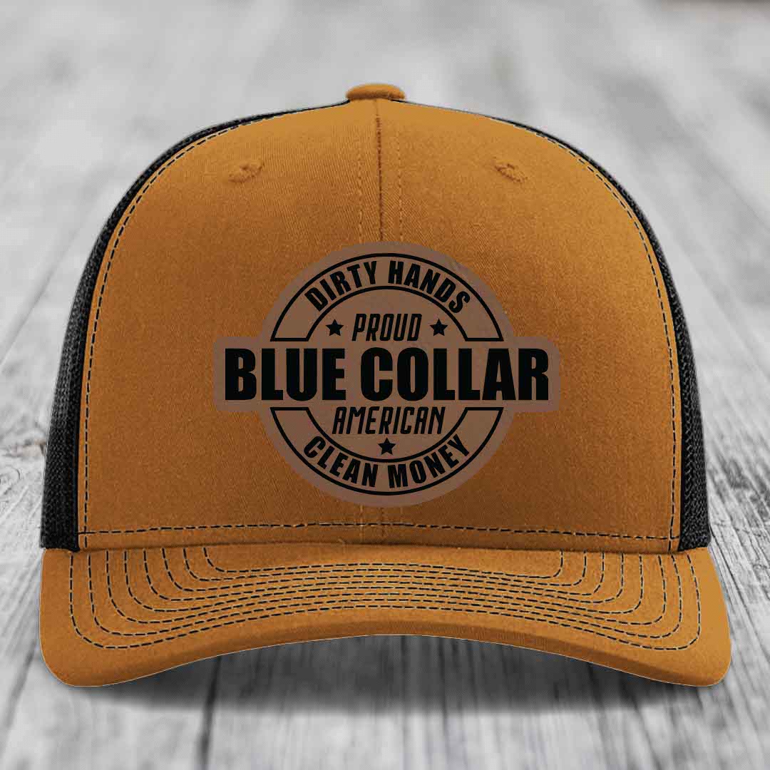 Dirty Hands Clean Money Proud American Blue Collar Worker - Leather Patch Hat - Dark Brown to Black Patch - Richardson 112 Snapback Trucker Hat