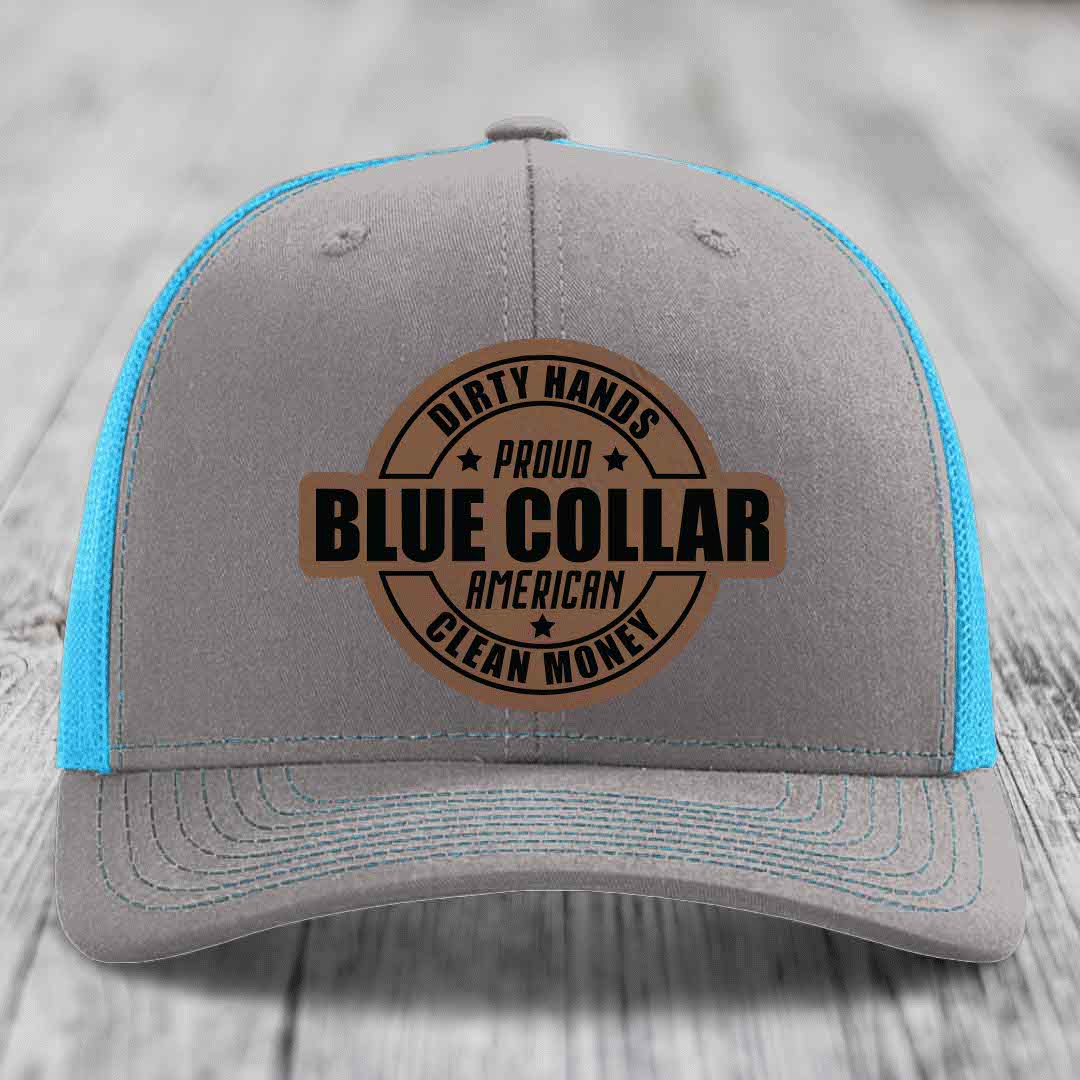 Dirty Hands Clean Money Proud American Blue Collar Worker - Leather Patch Hat - Dark Brown to Black Patch - Richardson 112 Snapback Trucker Hat