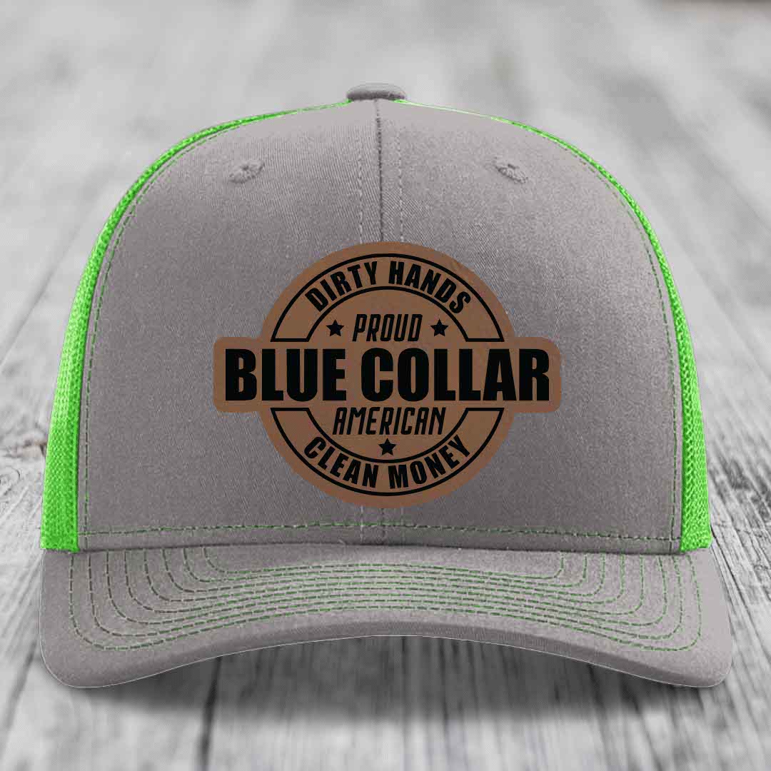 Dirty Hands Clean Money Proud American Blue Collar Worker - Leather Patch Hat - Dark Brown to Black Patch - Richardson 112 Snapback Trucker Hat