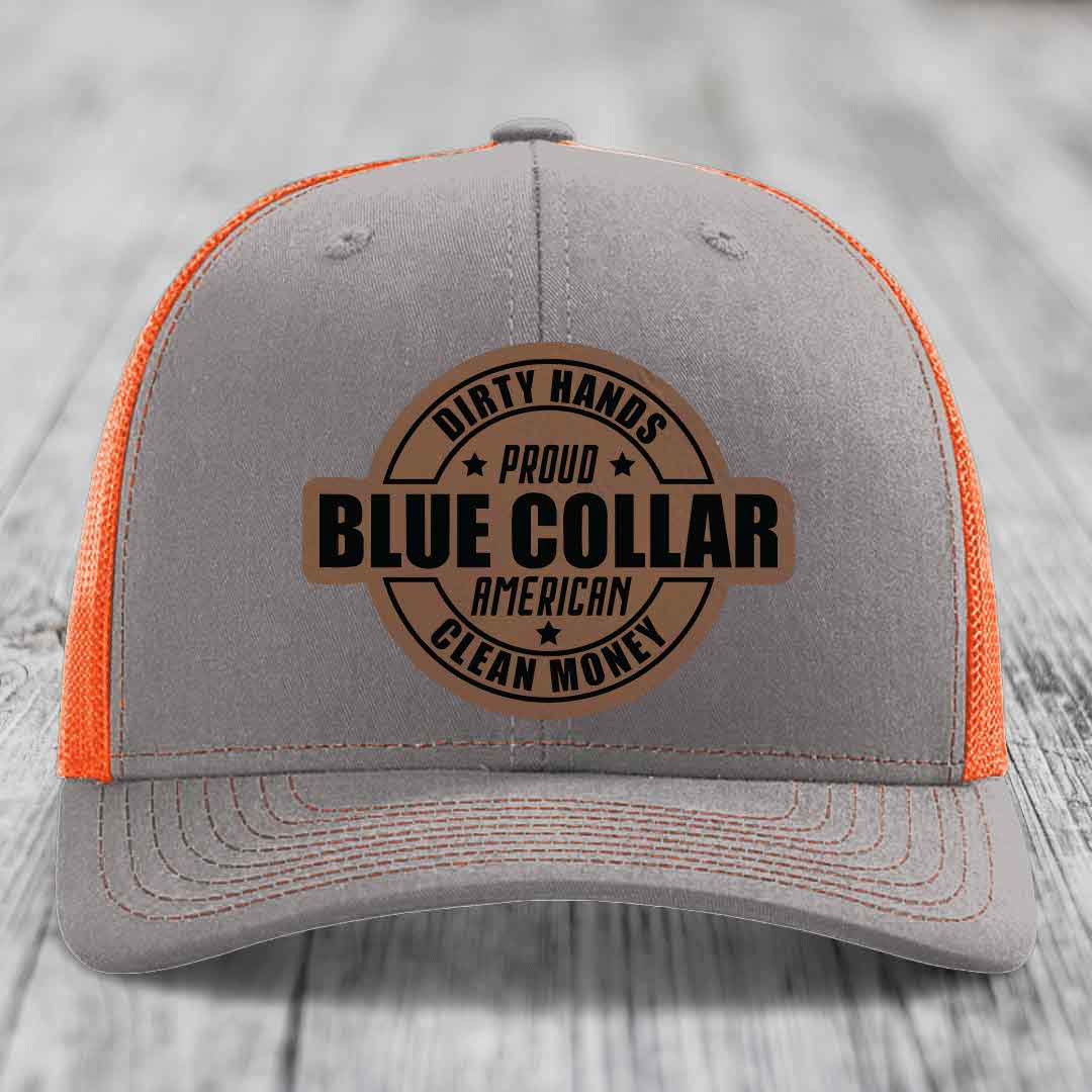 Dirty Hands Clean Money Proud American Blue Collar Worker - Leather Patch Hat - Dark Brown to Black Patch - Richardson 112 Snapback Trucker Hat