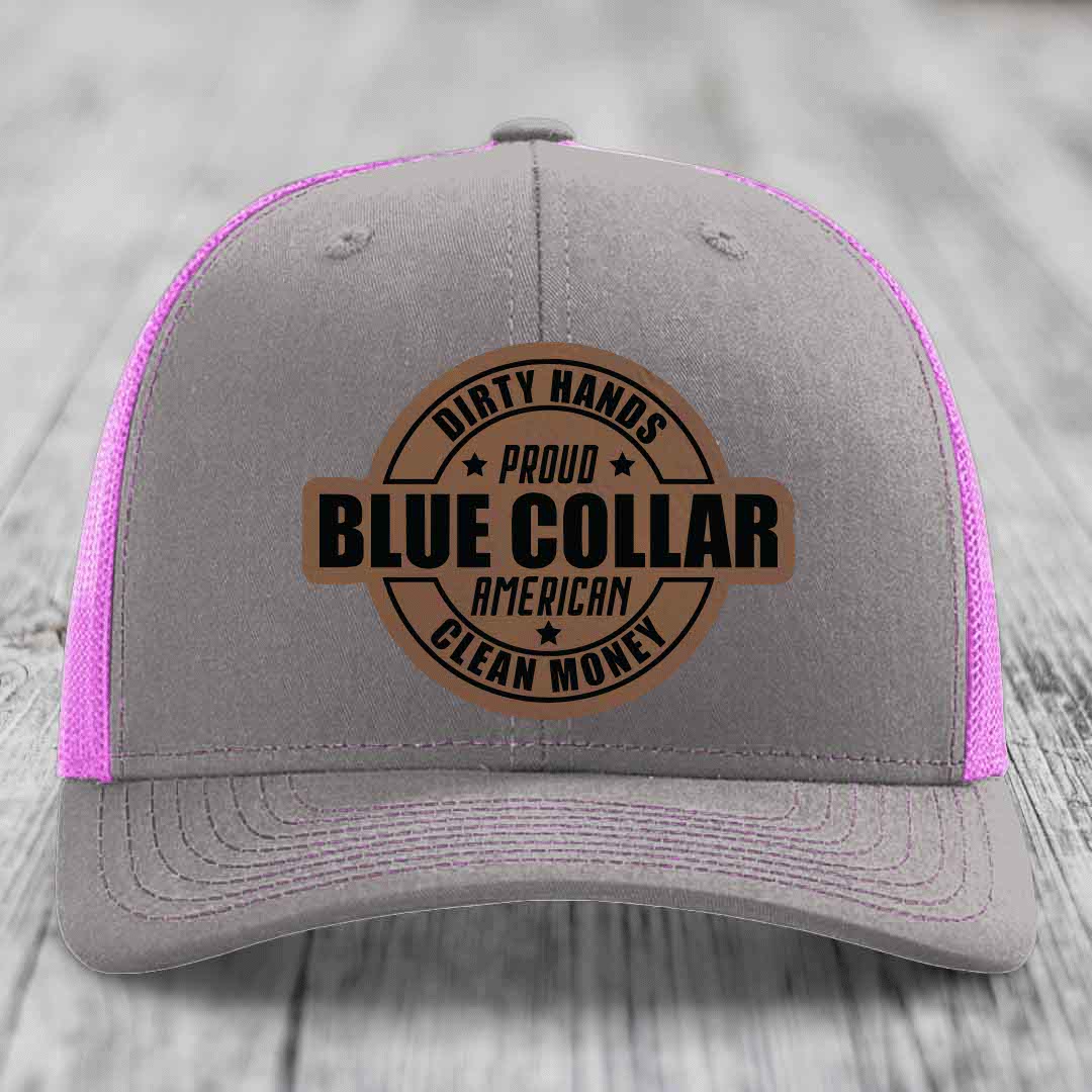 Dirty Hands Clean Money Proud American Blue Collar Worker - Leather Patch Hat - Dark Brown to Black Patch - Richardson 112 Snapback Trucker Hat