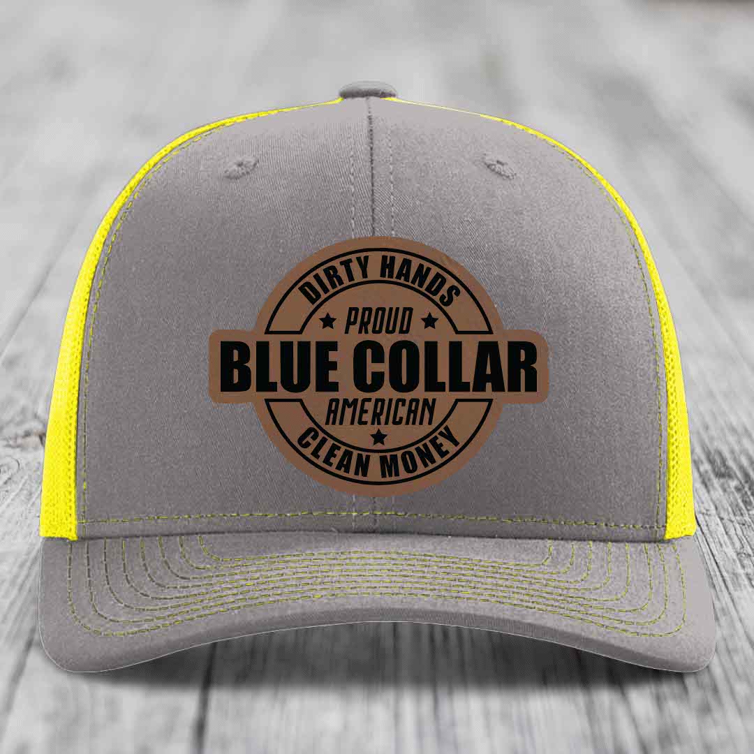 Dirty Hands Clean Money Proud American Blue Collar Worker - Leather Patch Hat - Dark Brown to Black Patch - Richardson 112 Snapback Trucker Hat