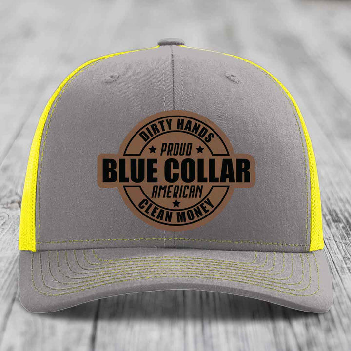 Dirty Hands Clean Money Proud American Blue Collar Worker - Leather Patch Hat - Dark Brown to Black Patch - Richardson 112 Snapback Trucker Hat