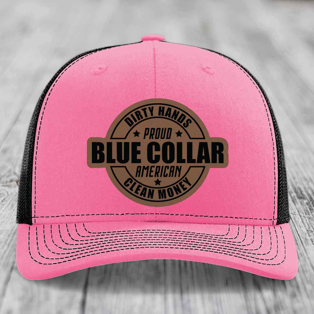 Dirty Hands Clean Money Proud American Blue Collar Worker - Leather Patch Hat - Dark Brown to Black Patch - Richardson 112 Snapback Trucker Hat