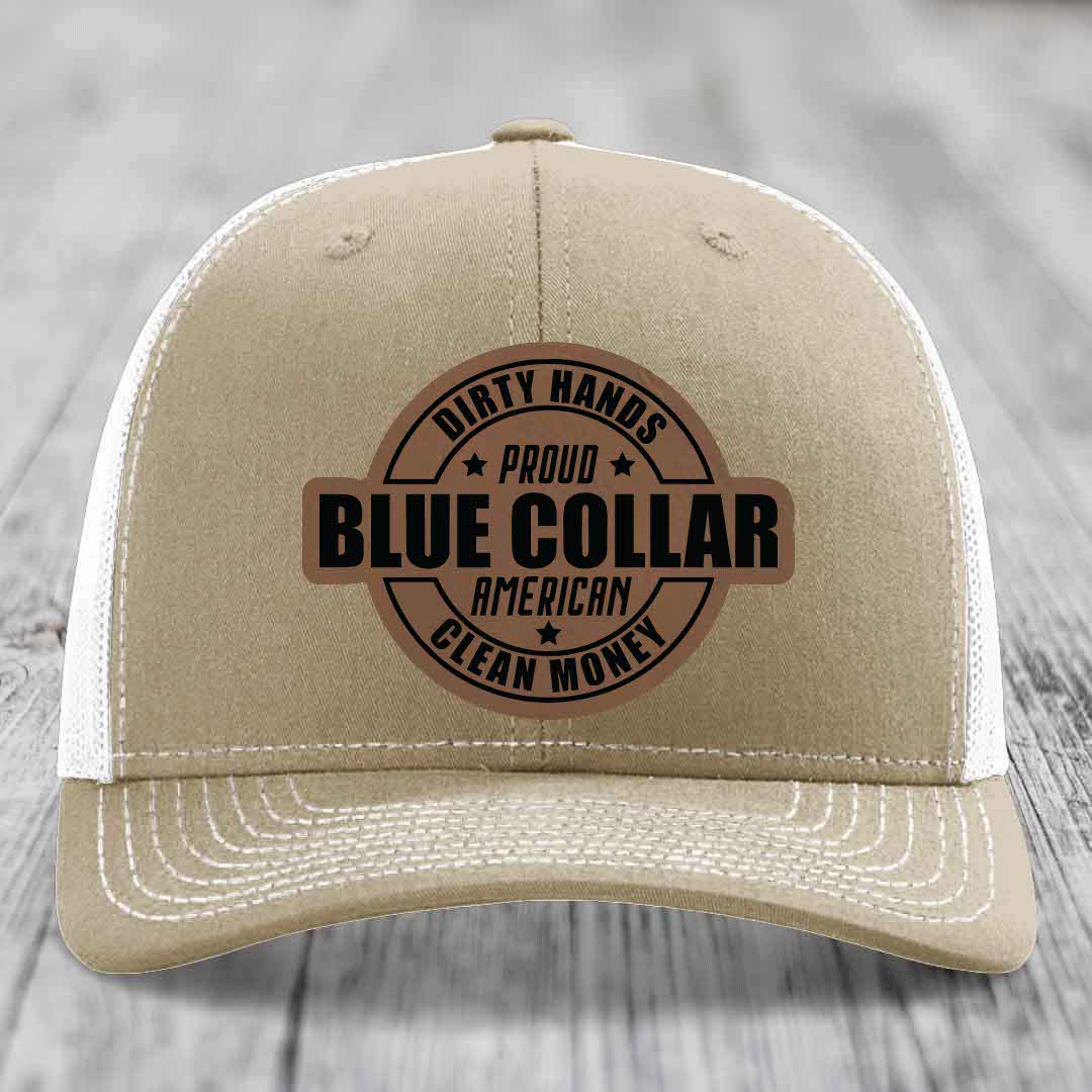 Dirty Hands Clean Money Proud American Blue Collar Worker - Leather Patch Hat - Dark Brown to Black Patch - Richardson 112 Snapback Trucker Hat