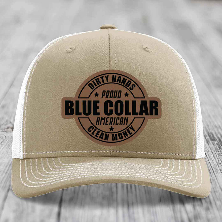 Dirty Hands Clean Money Proud American Blue Collar Worker - Leather Patch Hat - Dark Brown to Black Patch - Richardson 112 Snapback Trucker Hat