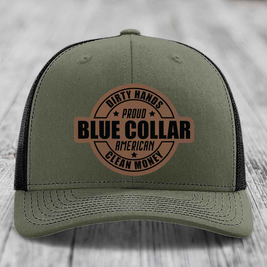 Dirty Hands Clean Money Proud American Blue Collar Worker - Leather Patch Hat - Dark Brown to Black Patch - Richardson 112 Snapback Trucker Hat