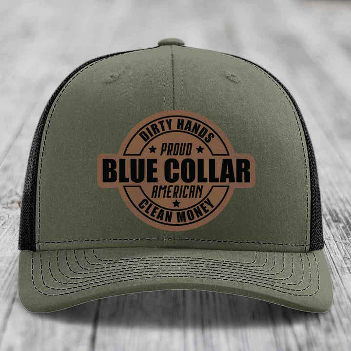 Dirty Hands Clean Money Proud American Blue Collar Worker - Leather Patch Hat - Dark Brown to Black Patch - Richardson 112 Snapback Trucker Hat