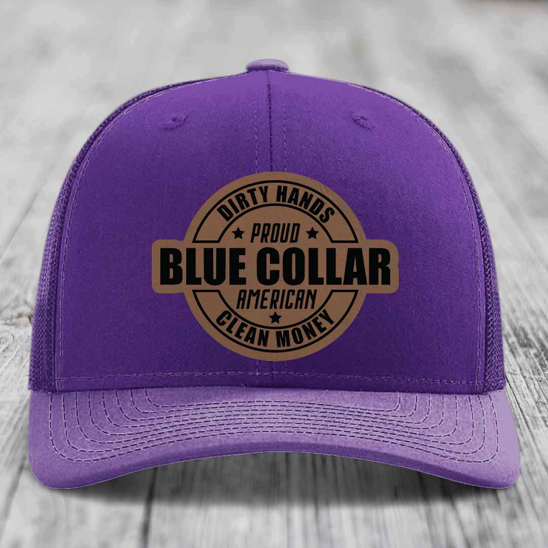 Dirty Hands Clean Money Proud American Blue Collar Worker - Leather Patch Hat - Dark Brown to Black Patch - Richardson 112 Snapback Trucker Hat