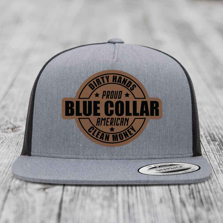 Dirty Hands Clean Money Proud American Blue Collar Worker - Leather Patch Hat - Dark Brown to Black Patch - Yupoong 6006 Snapback Flatbill Hat