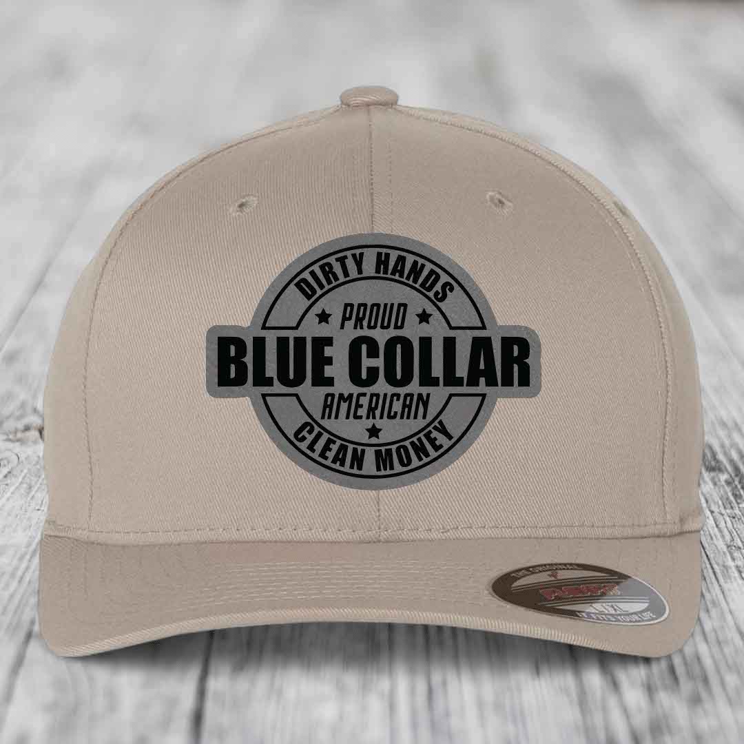 Dirty Hands Clean Money Proud American Blue Collar Worker - Leather Patch Hat - Grey to Black Patch - Flexfit 6277 Fitted Hat