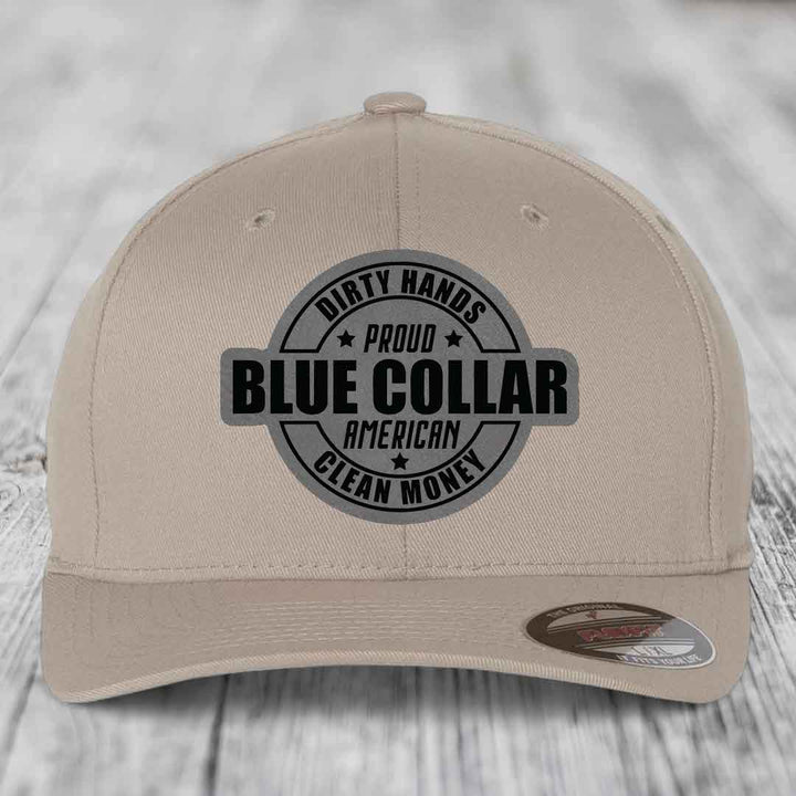 Dirty Hands Clean Money Proud American Blue Collar Worker - Leather Patch Hat - Grey to Black Patch - Flexfit 6277 Fitted Hat