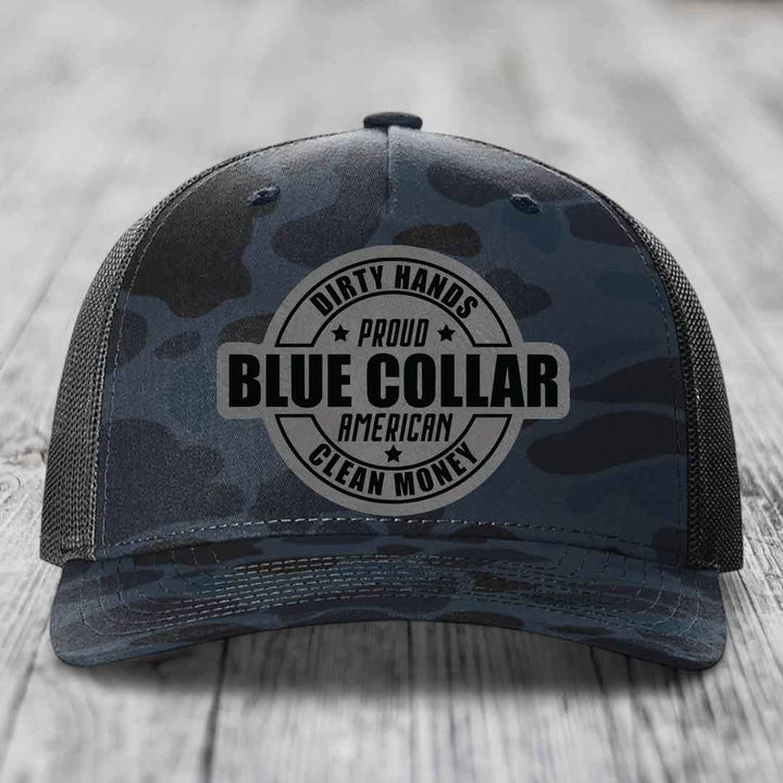 Dirty Hands Clean Money Proud American Blue Collar Worker - Leather Patch Hat - Grey to Black Patch - Richardson 112PFP Snapback Trucker Hat