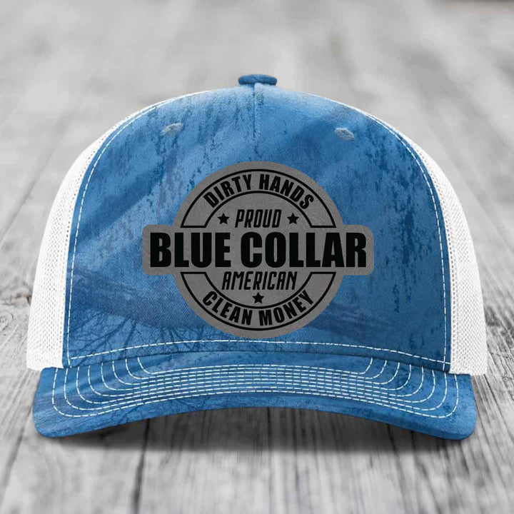 Dirty Hands Clean Money Proud American Blue Collar Worker - Leather Patch Hat - Grey to Black Patch - Richardson 112PFP Snapback Trucker Hat