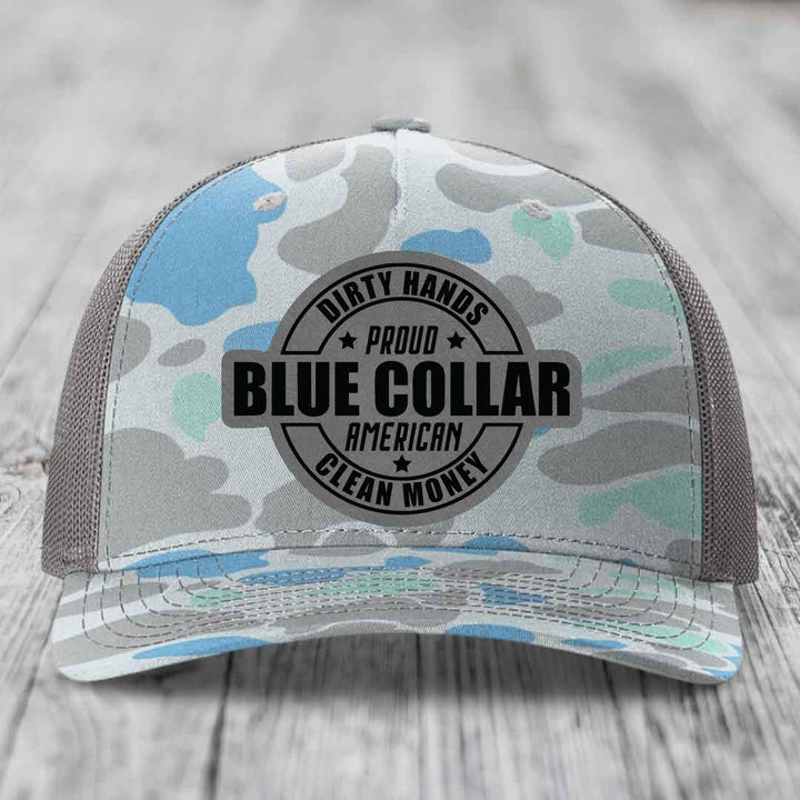 Dirty Hands Clean Money Proud American Blue Collar Worker - Leather Patch Hat - Grey to Black Patch - Richardson 112PFP Snapback Trucker Hat