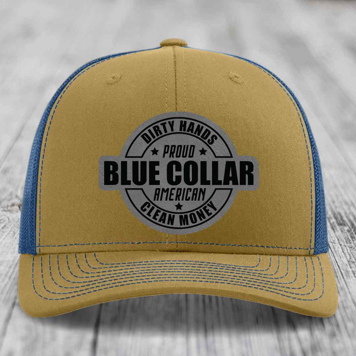 Dirty Hands Clean Money Proud American Blue Collar Worker - Leather Patch Hat - Grey to Black Patch - Richardson 112 Snapback Trucker Hat