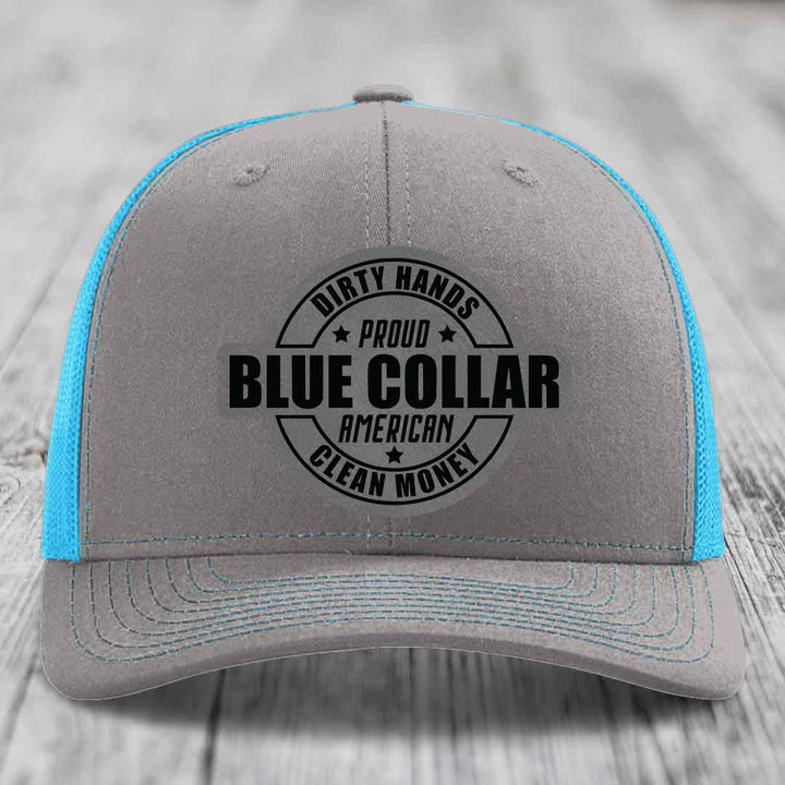 Dirty Hands Clean Money Proud American Blue Collar Worker - Leather Patch Hat - Grey to Black Patch - Richardson 112 Snapback Trucker Hat