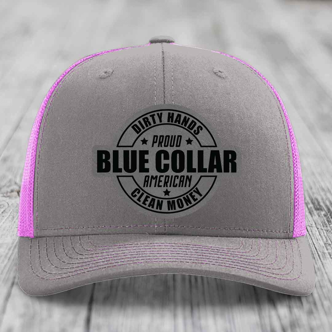 Dirty Hands Clean Money Proud American Blue Collar Worker - Leather Patch Hat - Grey to Black Patch - Richardson 112 Snapback Trucker Hat
