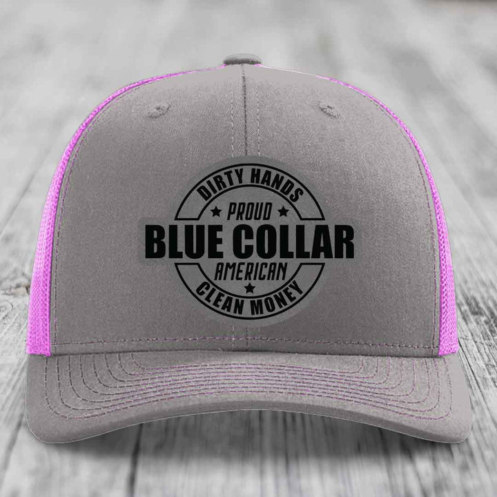 Dirty Hands Clean Money Proud American Blue Collar Worker - Leather Patch Hat - Grey to Black Patch - Richardson 112 Snapback Trucker Hat