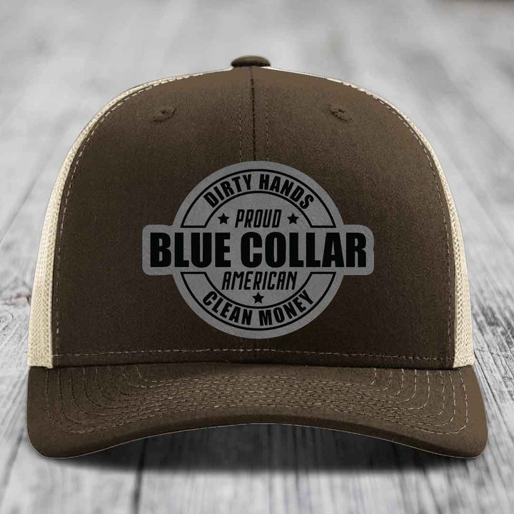 Dirty Hands Clean Money Proud American Blue Collar Worker - Leather Patch Hat - Grey to Black Patch - Richardson 112 Snapback Trucker Hat