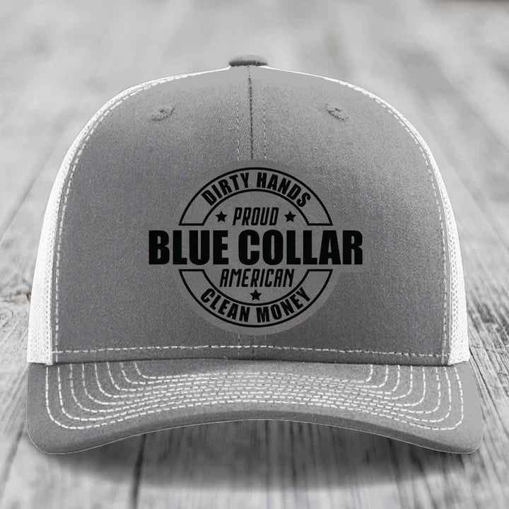 Dirty Hands Clean Money Proud American Blue Collar Worker - Leather Patch Hat - Grey to Black Patch - Richardson 112 Snapback Trucker Hat