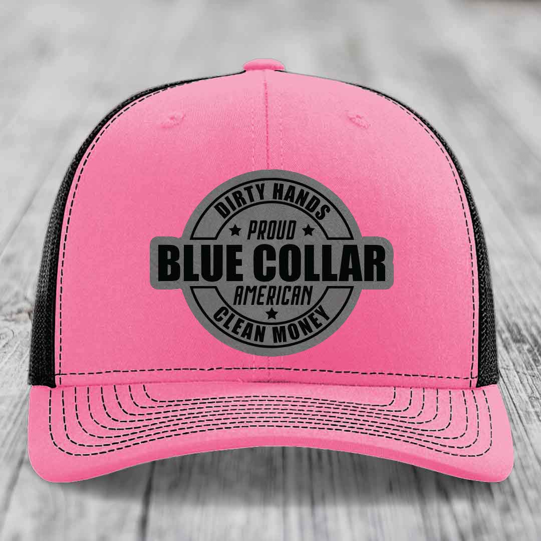 Dirty Hands Clean Money Proud American Blue Collar Worker - Leather Patch Hat - Grey to Black Patch - Richardson 112 Snapback Trucker Hat