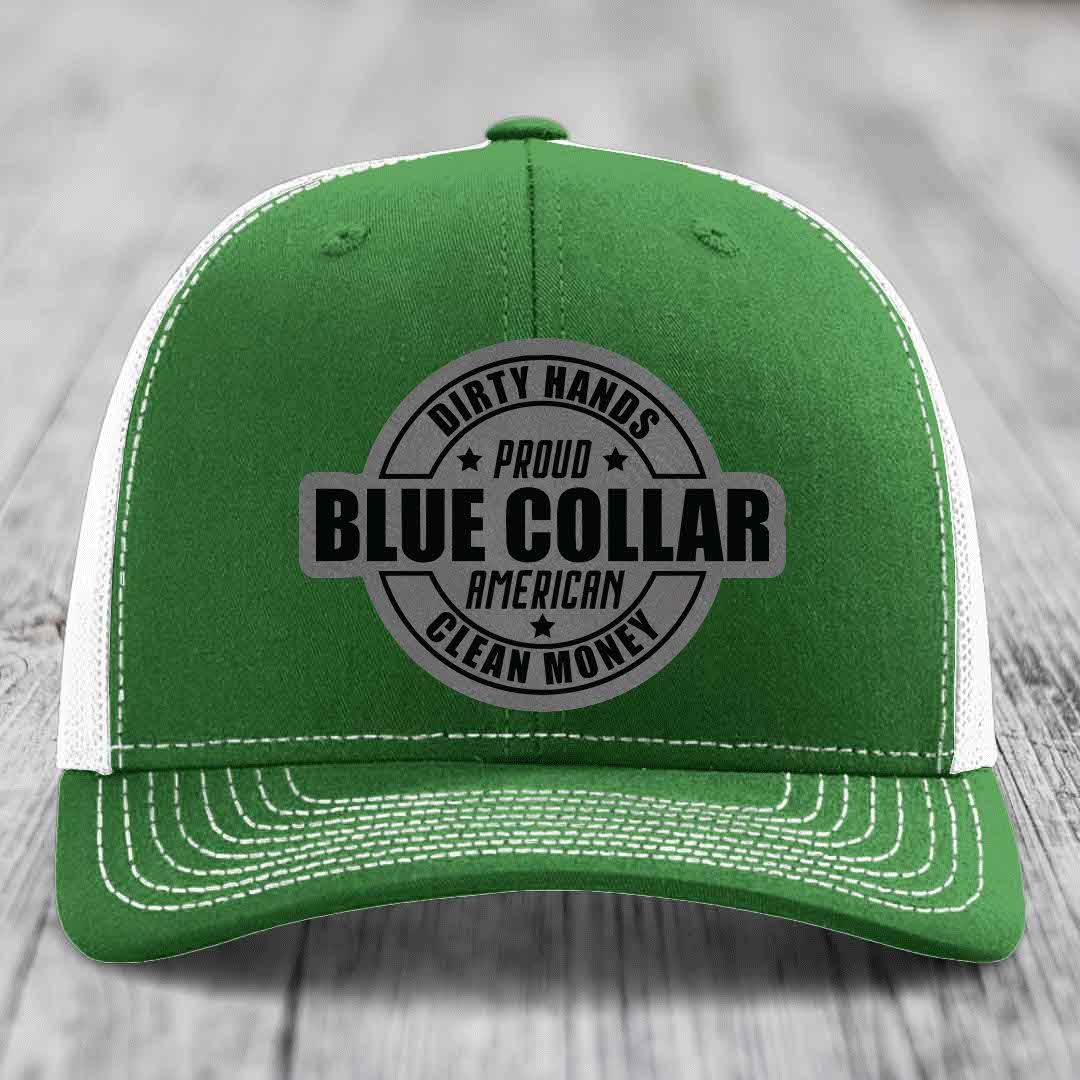 Dirty Hands Clean Money Proud American Blue Collar Worker - Leather Patch Hat - Grey to Black Patch - Richardson 112 Snapback Trucker Hat