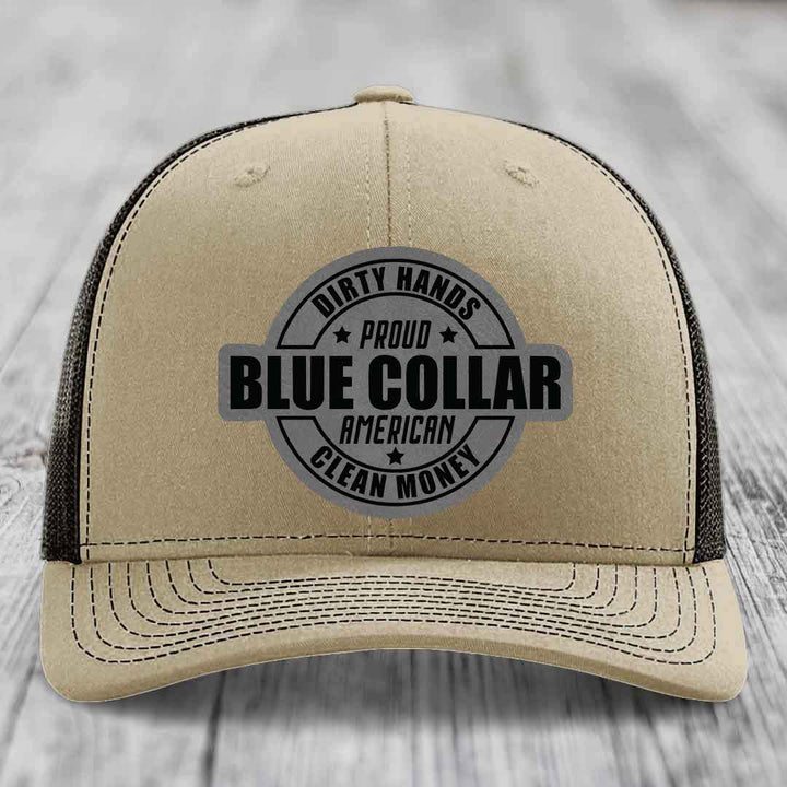 Dirty Hands Clean Money Proud American Blue Collar Worker - Leather Patch Hat - Grey to Black Patch - Richardson 112 Snapback Trucker Hat