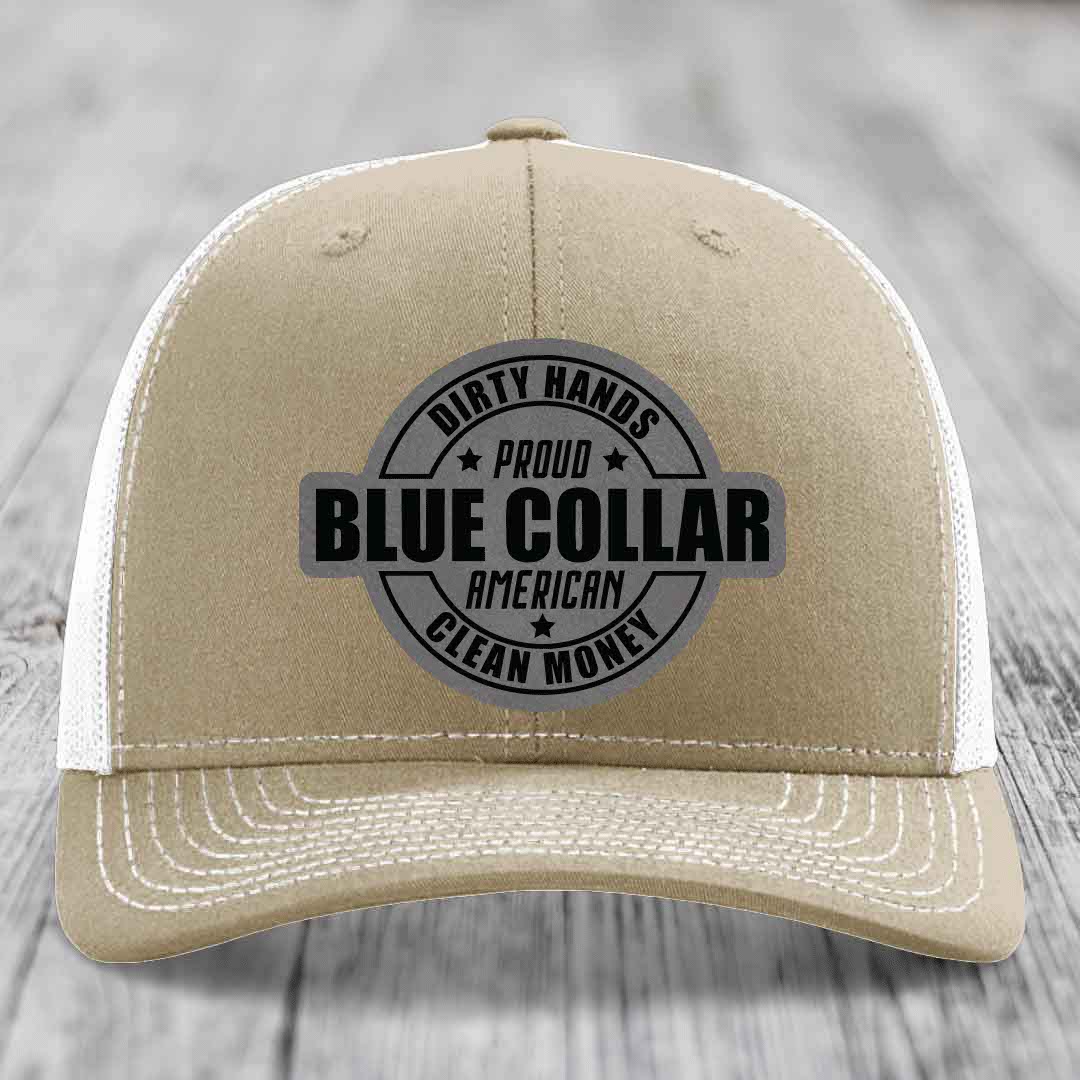 Dirty Hands Clean Money Proud American Blue Collar Worker - Leather Patch Hat - Grey to Black Patch - Richardson 112 Snapback Trucker Hat