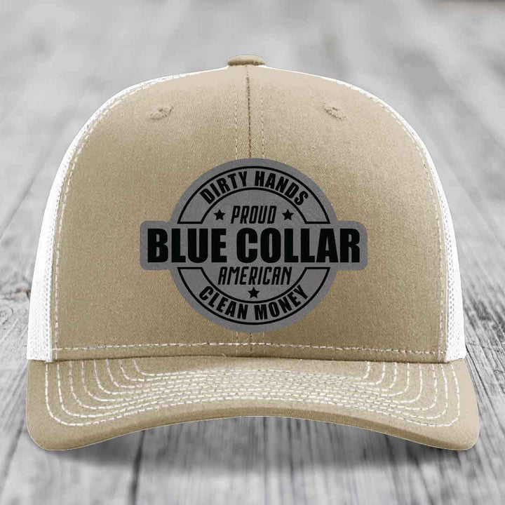 Dirty Hands Clean Money Proud American Blue Collar Worker - Leather Patch Hat - Grey to Black Patch - Richardson 112 Snapback Trucker Hat