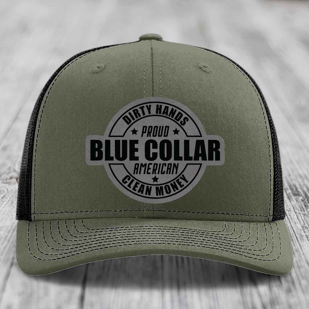 Dirty Hands Clean Money Proud American Blue Collar Worker - Leather Patch Hat - Grey to Black Patch - Richardson 112 Snapback Trucker Hat