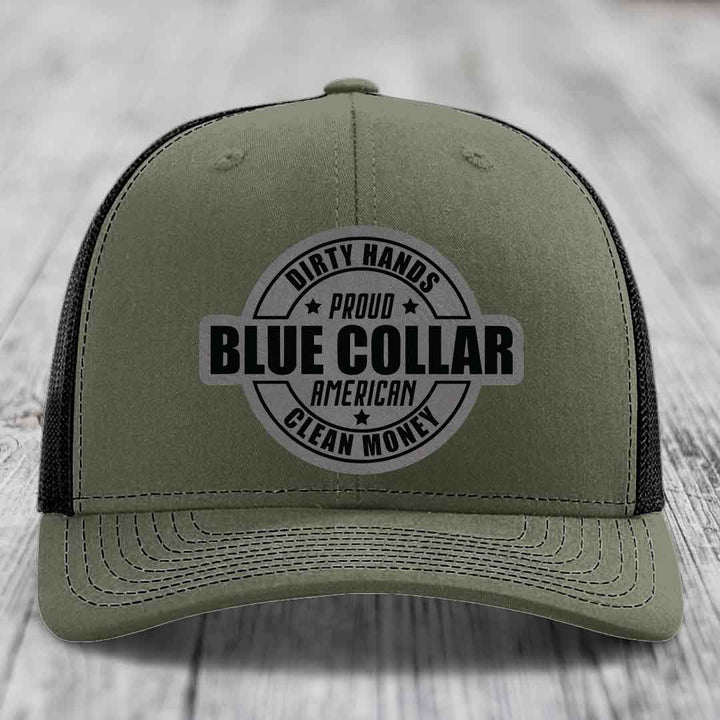 Dirty Hands Clean Money Proud American Blue Collar Worker - Leather Patch Hat - Grey to Black Patch - Richardson 112 Snapback Trucker Hat