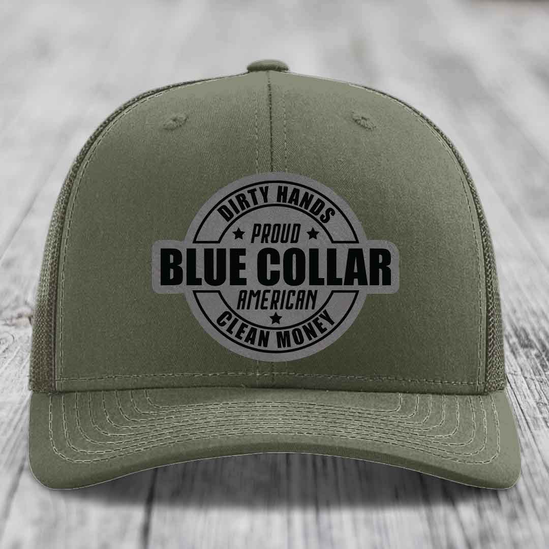 Dirty Hands Clean Money Proud American Blue Collar Worker - Leather Patch Hat - Grey to Black Patch - Richardson 112 Snapback Trucker Hat