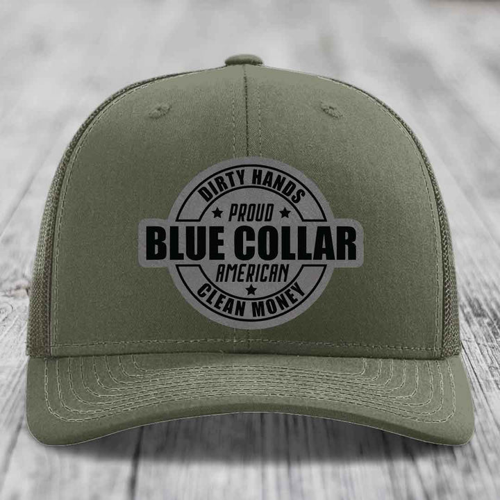Dirty Hands Clean Money Proud American Blue Collar Worker - Leather Patch Hat - Grey to Black Patch - Richardson 112 Snapback Trucker Hat