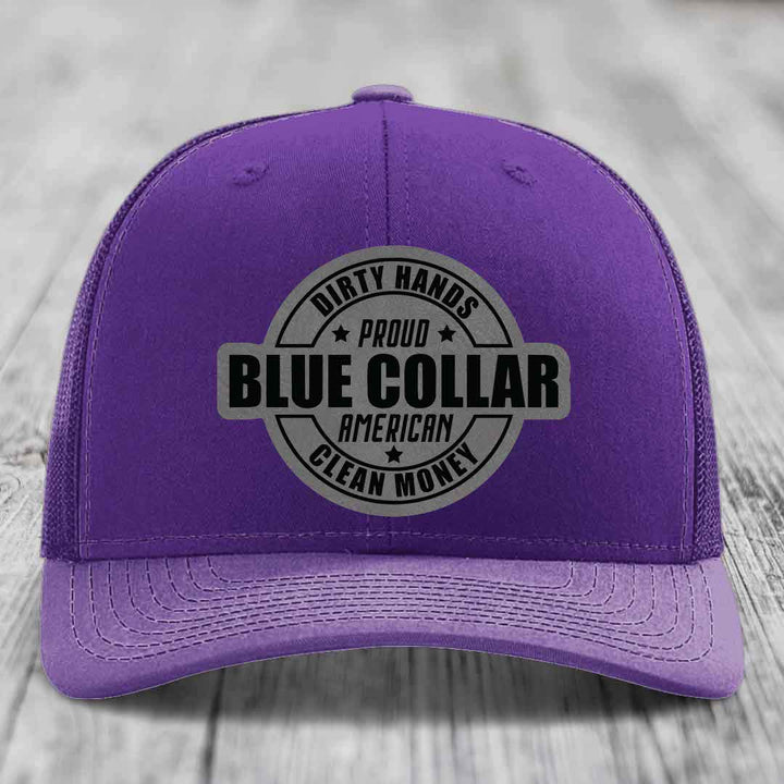 Dirty Hands Clean Money Proud American Blue Collar Worker - Leather Patch Hat - Grey to Black Patch - Richardson 112 Snapback Trucker Hat