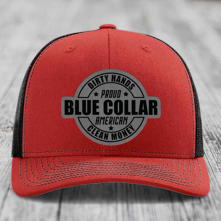 Dirty Hands Clean Money Proud American Blue Collar Worker - Leather Patch Hat - Grey to Black Patch - Richardson 112 Snapback Trucker Hat
