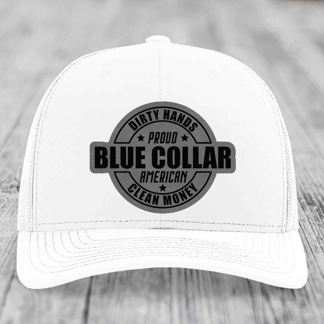Dirty Hands Clean Money Proud American Blue Collar Worker - Leather Patch Hat - Grey to Black Patch - Richardson 112 Snapback Trucker Hat